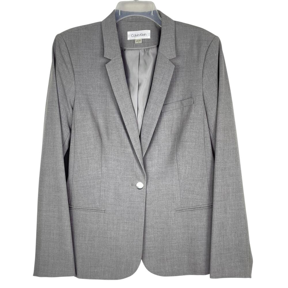 Calvin Klein Gray Work Career Business Basic One Button Blazer Women's 14